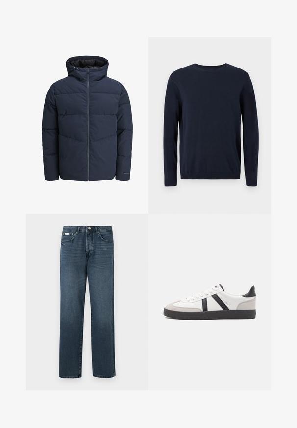 Tumesinine puhvpusa, millel on kapuuts, lukuga ees ja chevroni tikandi muster. Valmistatud tekstuursetest kangast, millel on elastsed mansetid ja logodetail.; Tumedat sinise värvi kootud sviiter pikkade varrukatega, ringkaelusega ning ribidega mansettide ja alläärega. Ees on väike logo.; Tumed sinine denim materjalist sirge lõikega teksad, viie taskuga, vöödega ja lukuga. Sile tekstuur koos kergete pleekimisdetailidega.; Valged tossud mustade ja hallide aktsentidega, tekstureeritud halli varbakattega, musta kummitald ja lamedad valged paelad. Puhtad jooned, minimalistlik stiil.