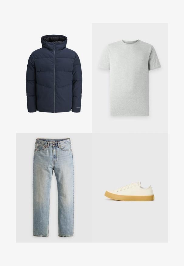 Marineblå pufferjakke med hætte, lynlås foran og chevron syning mønster. Lavet af tekstureret stof med elastiske manchetter og logo detaljer.; En simpel lys grå kortærmet T-shirt med rund hals, vist på en hvid baggrund, set foran uden synlige logoer eller designs.; Lysblå denim jeans med høj talje, frontknap, lynlås og fem-lomme design, lagt fladt på en neutral baggrund.; Læder sneakers i off-white med rund tå, der har beige gummisåler og fem øjer til snørebånd, struktureret finish på overdelen.