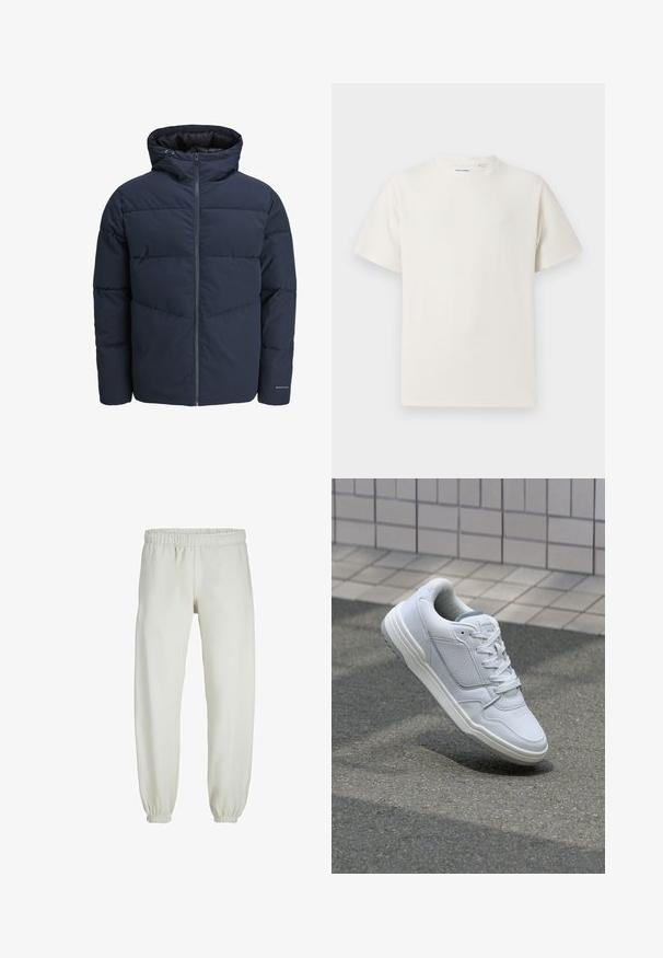 Marinblå puffjacka med huva, dragkedja fram och chevronmönster. Tillverkad av textil med elastiska ärmslut och logotypdetalj.; Vit t-shirt med kort ärm i ribbad struktur. Rund halsringning, löst sittande passform, inga synliga mönster eller detaljer. Enkelt och mångsidigt design.; Vita sweatpants gjorda av mjukt tyg, med elastisk midja och muddar, samt en slät textur och lös passform.; Vit lädersneaker med perforerade sidor, texturerade accenter, plana snören och en kontrasterande grå häl. Har en något upphöjd sula.