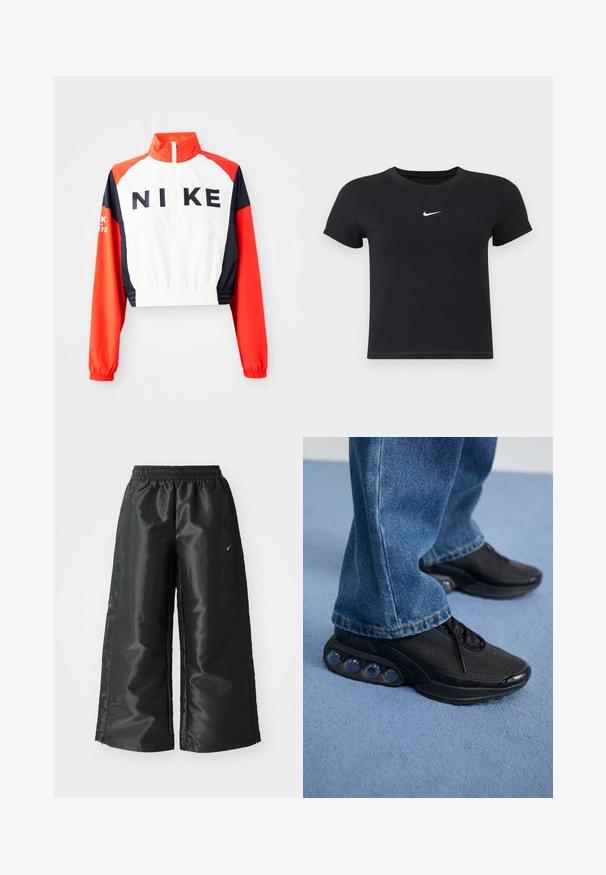 Nukirptas Nike džemperis su aukštu apykakle, balta kūno dalimi, raudonais ir tamsiai mėlynais rankovėmis, juodas logotipas priekyje, elastingas liemuo ir rankogaliai, sportiškas dizainas.; Juodas trumpas rankoves marškinėliai, pagaminti iš medvilnės, su apvaliu kaklu. Pasižymi balta Nike logotipu ant krūtinės, minimalistišku dizainu ir prigludusia forma.; Juodi sportiniai džinsai su blizgia, lygaus audinio medžiaga, turintys elastingą juosmenį, plačias kojų dalis ir mažą logotipą kairėje pusėje.; Juodi sportiniai bateliai su tinkliniu viršumi, tekstūruotais akcentais ir matomais oro pagalvėmis pado viduje. Dėvimi su mėlynais džinsais.