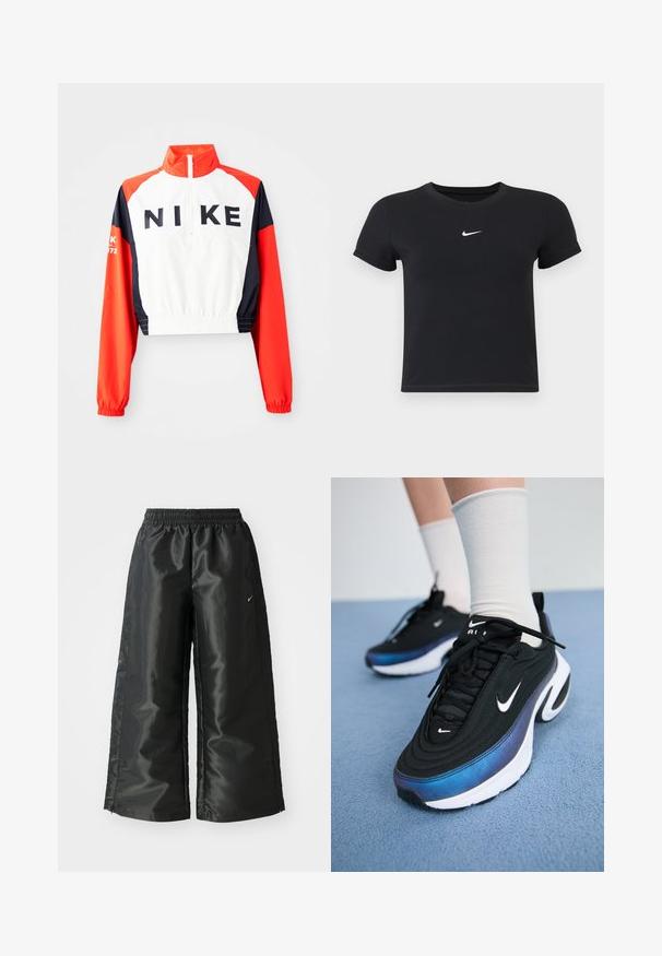 Rövidített Nike dzseki magas gallérral, fehér testtel, piros és sötétkék ujjakkal, fekete logóval elöl, elasztikus derékkal és mandzsettákkal, sportos dizájn.; Fekete, rövid ujjú póló, pamutból készült, kerek nyakkivágással. A mellkasán fehér Nike logó található, minimális dizájnnal és testhez simuló formával.; Fekete sportnadrág fényes, sima anyagból, rugalmas derékkal, széles lábakkal és egy kis logóval a bal oldalon.; Fekete Nike sportcipők sima szövet felsőrésszel, kék-fekete gradiens dizájnnal, fehér talppal és feltűnő logókkal.