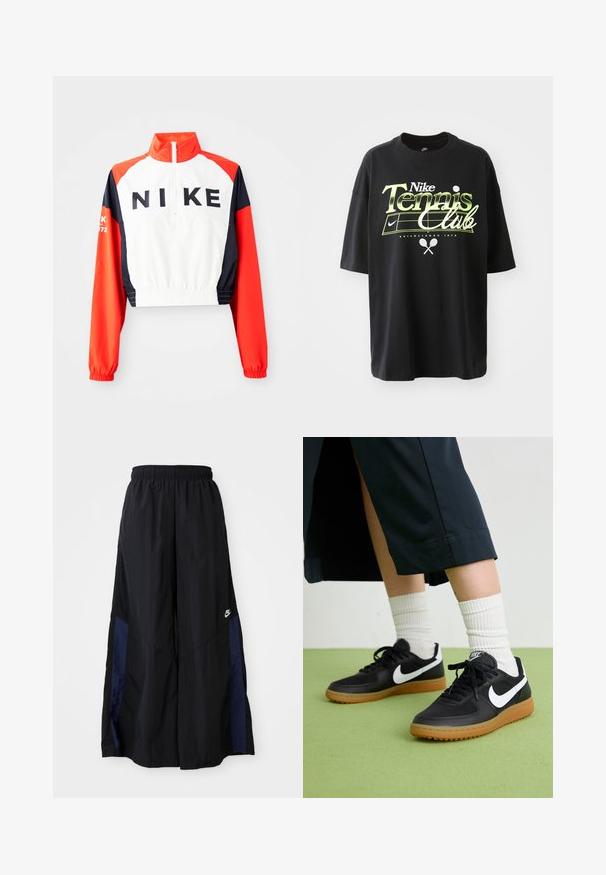Kroppad Nike-jacka med hög krage, vit kropp, röda och marinblå ärmar, svart logotyp framtill, elastisk midja och manschetter, sportig design.; Musta puuvillapaitaa, jossa on lyhyet hihat, ja jossa on vihreä ja valkoinen "Nike Tennis Club" -graafikko, tennispallon ja mailan kuvitukset.; Musta leveälahkeinen housu, joka on valmistettu kevyestä kankaasta. Housuissa on tummansininen sivupaneeli ja joustava vyötärö. Alhaalla on pieni valkoinen logo.; Mustat nahka- ja synteettiset urheilukengät, joissa on valkoinen Nike-merkki, kuminen pohja, pyöreä kärki ja mustat nauhat. Raitapintaiset valkoiset sukat näkyvissä.