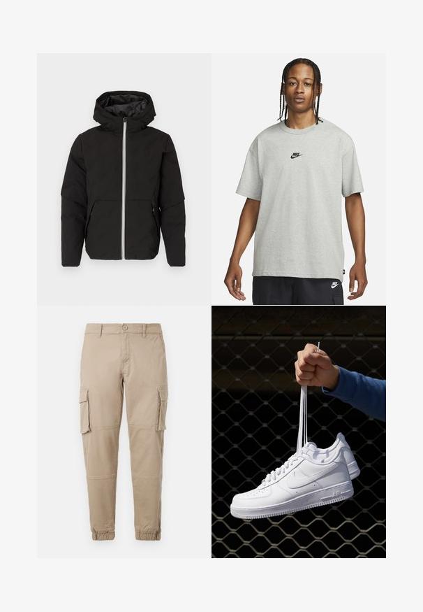 Black puffer jacket with a hood, featuring a two-tone zipper and side pockets. The fabric has a smooth, matte texture with a slightly padded look.; Young person with braided hair wearing a light gray Nike T-shirt and black Nike shorts against a plain white background.; Beige cargo pants in a lightweight cotton material. Features elastic cuffs, multiple side pockets, and a button closure.; White leather sneakers with perforations, round toe, flat sole, and thick laces, featuring a visible swoosh logo and "AIR" on the heel.