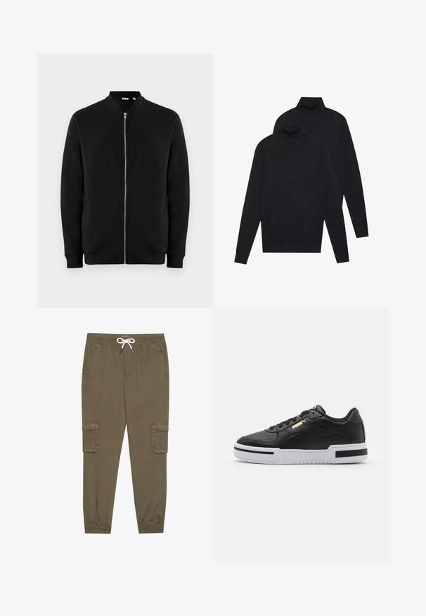 Sort hettejakke med glidelås og ståkrage, ribbestrikkede mansjetter og en glatt tekstur. Har en sølvfarget glidelås og ingen synlige mønstre.; To svarte langermede genserne med høy hals, ensfarget strikket, stablet med den ene litt bak den andre på en hvit bakgrunn.; Khaki cargo bukser med elastisk livrem og snor, med sidelommer og mansjetterte ankler. Laget av et teksturert, lett materiale.; Sorte lærersneaker med hvit mellomsåle, perforert tå, gull logo detalj, polstret krage, og kontrasterende sorte detaljer på siden.