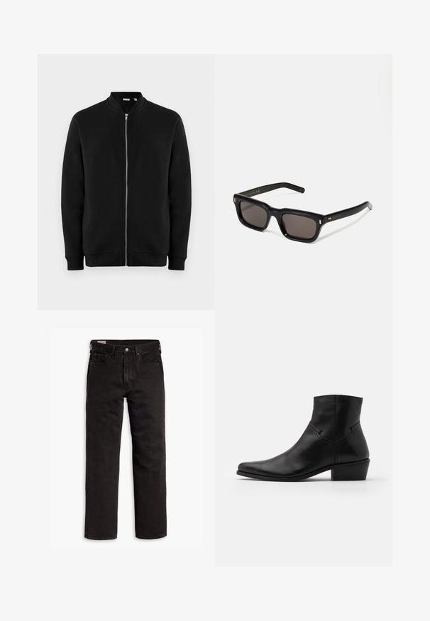 Mustaline musta tõmblukuga kapuutsita särk, ribidega mansetid ja sile pind. Omab hõbedast tõmblukk ja ei sisalda nähtavaid mustreid.; Must must-hallide t-särk, millel on ümmargune kaelus ja lühikesed varrukad. Esiküljel on tagasihoidlik logo ja sirge alläär. Lihtne ja minimalistlik kujundus.; Mustad sirgedega teksapüksid viie taskuga, nööpidega kinnitamine ja vöökohaga, lamab tasasele valgele taustale.; Mustad musta nahast pahkluu saapad terava varbaga, minimaalsed õmbluse detailid, keskmise kõrgusega plokk konts ja sile, poleeritud viimistlus.; Mustad mustakorruselised prillid tumedate läätsedega, paks plastikraam, kuldsed aksendid templites ning kaubamärgi logo graveeritud käe lilla.