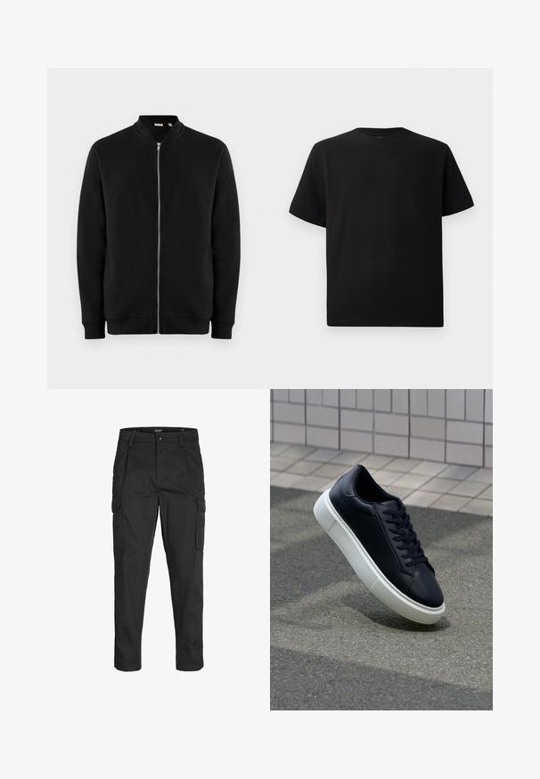 Schwarze Zip-Up-Sweatjacke mit Stehkragen, gerippten Manschetten und glatter Textur. Verfügt über einen silbernen Reißverschluss und keine sichtbaren Muster.; Schwarzes Kurzarm-T-Shirt aus strukturiertem Stoff, mit einem Rundhalsausschnitt und einer lockeren Passform. Einfach, ohne Muster oder Akzente.; Schwarze Cargo-Hose aus robustem Material, mit mehreren Taschen, einem Knopfverschluss und einem Slim-Fit-Design mit schmal zulaufenden Beinen.; Schwarze Leder-Sneaker mit runder Zehenpartie und weißer Gummisohle. Verfügt über flache Schnürsenkel und minimale Nähte im Obermaterial. Strukturiertes Sohlenprofil für besseren Halt.