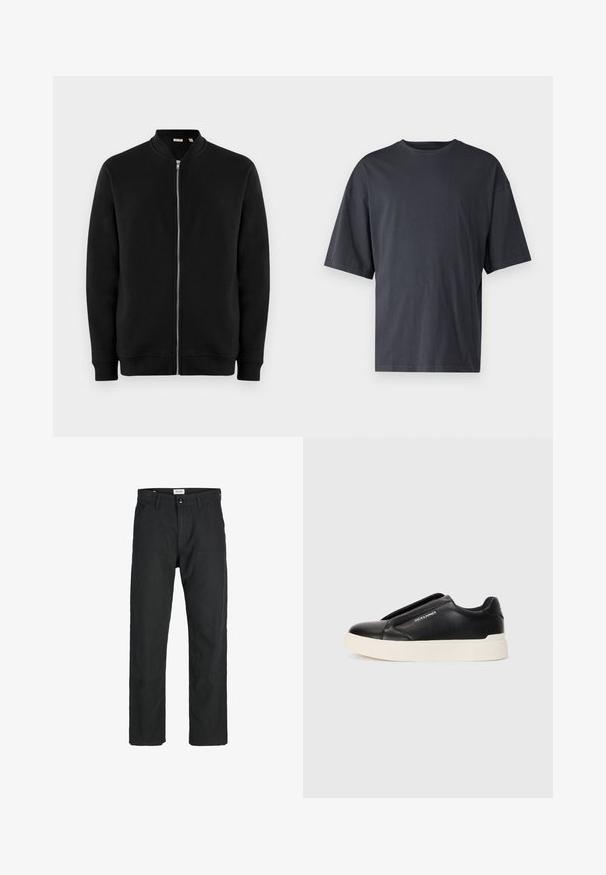 Juodas užtrauktuku užsegamas džemperis su stovinčia apykakle, raukiniais ant rankogalių ir lygiu paviršiumi. Yra sidabrinis užtrauktukas ir jokių matomų raštų.; Tamsiai pilkas trumpas rankovėmis marškinėliai, pagaminti iš lengvos medvilnės, su laisvu kirpimu ir klasikinės apvalios iškirptės dizainu, be raštų ir su vientisu paviršiumi.; Juodi kelniai, pagaminti iš tvirto audinio, su tiesiomis kojomis, siuvinėtomis detalėmis ir dviem priekinėmis kišenėmis funkcionalumui.; Juodi slip-on sportbačiai su tekstūruota odos viršutine dalimi, balta gumine padai ir be matomų raištelių. Šone yra prekės ženklo logotipas.