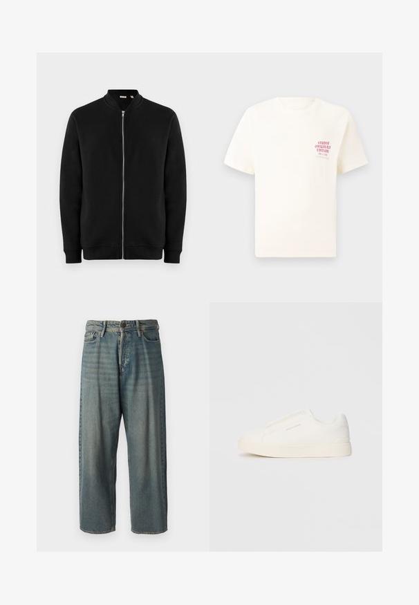 Black zip-up sweatshirt with a stand collar, ribbed cuffs, and a smooth texture. Features a silver zipper and no visible patterns.; White short-sleeve T-shirt with red text "Studio Originals Edition" on left chest, displayed on a neutral gray background.; Light blue denim jeans with a loose fit, mid-rise waist, and straight legs. Features five pockets, belt loops, and a button closure.; White slip-on sneakers with a textured surface, a thick sole, and minimalistic design. Features brand logo on the side.