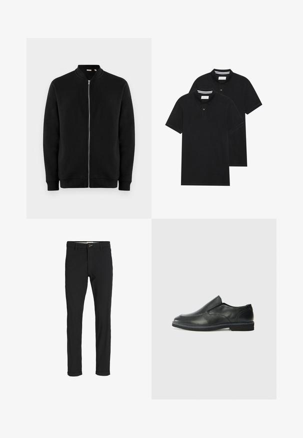 Zwarte rits-sweater met eenstaande kraag, ribbelmanchetten en een gladde textuur. Voorzien van een zilveren rits en zonder zichtbare patronen.; Twee zwarte polo shirts, met korte mouwen, van katoen, met een klassieke kraag, een knoopsluiting met twee knopen en witte gestreepte accenten aan de binnenkant van de kraag.; Zwarte katoenen broek van een katoenmix met een slim fit, voorzien van een knoopsluiting, zakken en opgerolde mouwen voor een casual afwerking.; Zwarte leren instapper met een soepele bovenkant, gestikte accenten, ronde neus en een lage rubberen hak. De zool heeft minimale profiel.