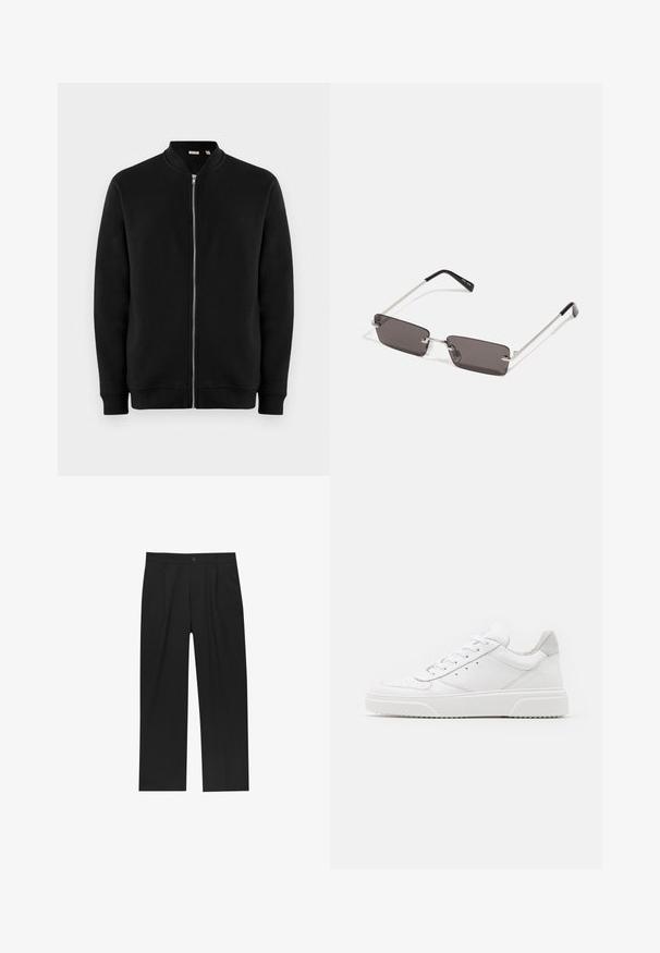 Schwarze Zip-Up-Sweatjacke mit Stehkragen, gerippten Manschetten und glatter Textur. Verfügt über einen silbernen Reißverschluss und keine sichtbaren Muster.; Weißes Baumwoll-T-Shirt mit kurzen Ärmeln, Rundhalsausschnitt und einem roten grafischen Text "LECKERER ERFRISCHENDER FRUCHT" auf der Vorderseite.; Schwarze Hose mit geradem Schnitt, aus einem glatten Stoff gefertigt. Verfügt über Vorderfalten und einen einzelnen Knopfverschluss an der Taille.; Weiße Leder-Sneaker mit glatter Oberfläche, rundem Zehenbereich, flachen Schnürsenkeln und strukturiertem Schuhsohlen. Graues Wildleder-Detail an der Ferse.; Sonnenbrille mit rechteckigen, dunkelgrauen Gläsern, silbernen Metallrahmen und schwarzen Kunststoffenden an den Bügeln. Leichtes Design mit Nasenpads.