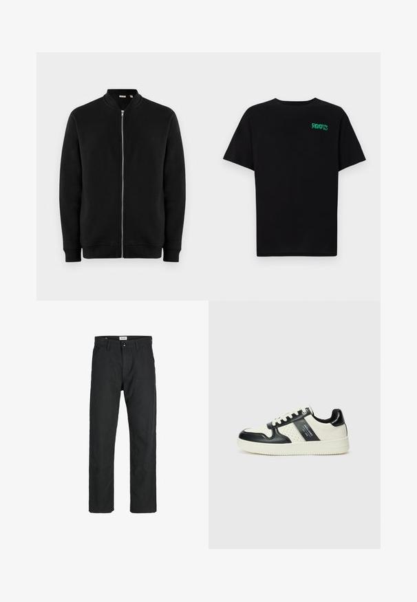 Czarna rozpinana bluza z stójką, ribbowymi mankietami i gładką fakturą. Posiada srebrny zamek błyskawiczny i brak widocznych wzorów.; Czarna koszulka z bawełny z krótkim rękawem. Posiada zielone logo "ROOTS" z przodu, okrągły dekolt i standardowy krój.; Czarne spodnie wykonane z trwałego materiału, z prostym krojem nóg, przeszyciami i dwiema przednimi kieszeniami dla funkcjonalności.; Skórzane sneakersy w czarno-kremowym schemacie kolorystycznym, z perforowanymi akcentami, wyściełanym kołnierzem i teksturowaną podeszwą.