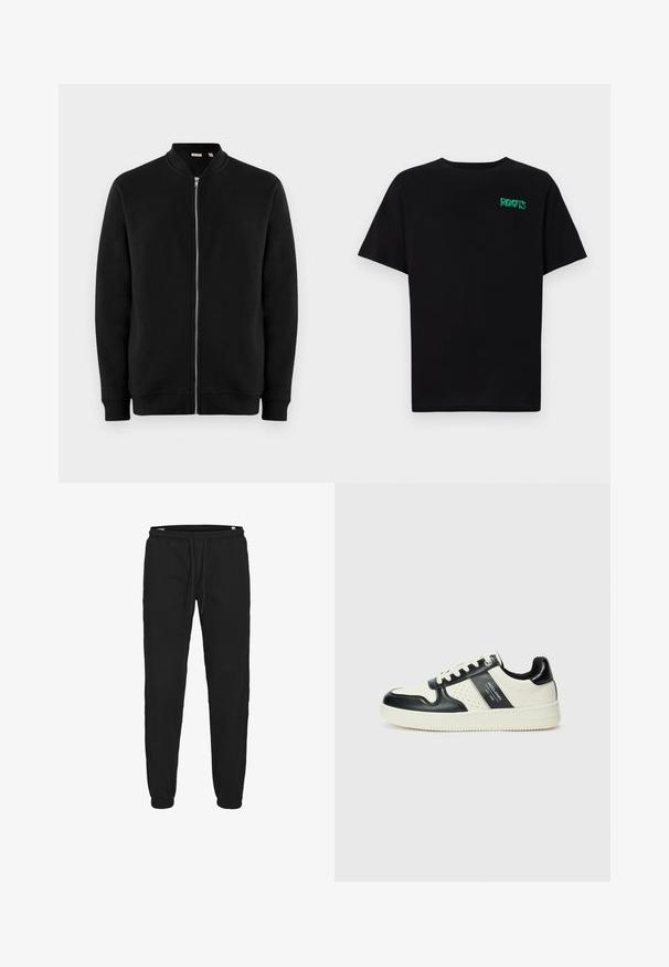 Schwarze Zip-Up-Sweatjacke mit Stehkragen, gerippten Manschetten und glatter Textur. Verfügt über einen silbernen Reißverschluss und keine sichtbaren Muster.; Schwarzes T-Shirt aus Baumwolle mit kurzen Ärmeln. Auf der Vorderseite befindet sich ein grünes "ROOTS"-Logo, es hat einen runden Halsauschnitt und eine normale Passform.; Schwarze Jogginghosen aus weichem, leichtem Stoff; elastischer Bund mit Kordelzug, schmal zulaufende Knöchel und Seitentaschen. Glatte Textur.; Leder-Sneaker in Schwarz- und Cremetönen, mit perforierten Akzenten, einem gepolsterten Kragen und einer strukturierten Laufsohle.