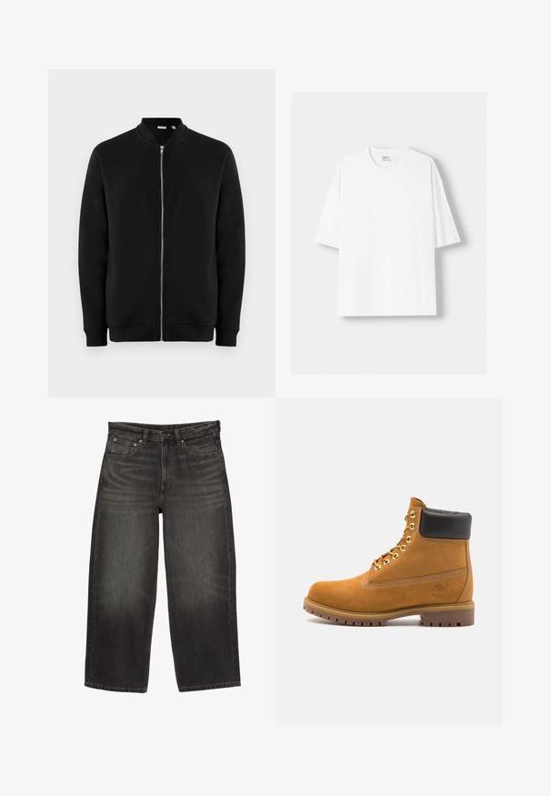 Hanorac negru cu fermoar, guler în stil stand, manșete ribbed și o textură netedă. Are un fermoar argintiu și nu are motive vizibile.; Tricou alb cu mânecă scurtă, confecționat din bumbac, cu un decolteu rotund și o croială lejeră. Textură netedă, fără modele sau accente vizibile.; Jeans negri cu croi larg, din denim, cu buzunare frontale, bucle pentru curea și închidere cu buton, prezentând o ușoară decolorare și efect de whiskering.; Cizmă de gleznă din întoarsă de culoare bej, cu guler negru căptușit, ochiuri din metal auriu, detalii de cusătură albă și talpă din cauciuc robustă, cu un model pronunțat.