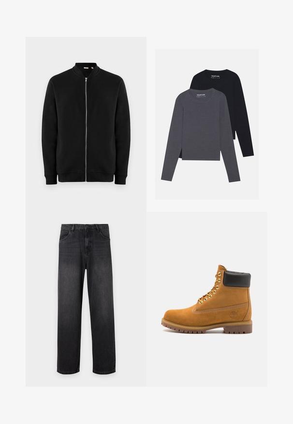 Hanorac negru cu fermoar, guler în stil stand, manșete ribbed și o textură netedă. Are un fermoar argintiu și nu are motive vizibile.; YOURTURN 2 PACK UNISEX - Bluză cu mânecă lungă - dark grey/black; Jeans negri din denim, cu croială dreaptă, cu fermoar, cinci buzunare și detalii subtile de decolorare pe material.; Cizmă de gleznă din întoarsă de culoare bej, cu guler negru căptușit, ochiuri din metal auriu, detalii de cusătură albă și talpă din cauciuc robustă, cu un model pronunțat.