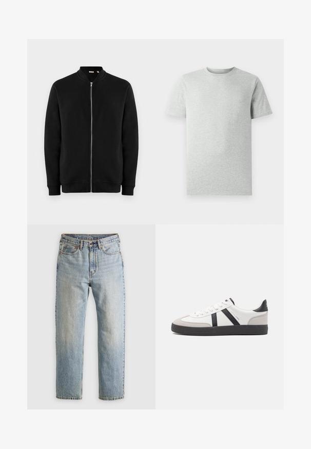 Crna dukserica sa zipom, stojećim ovratnikom, rebrastim manžetama i glatkom teksturom. Ima srebrni zatvarač i nema vidljivih uzoraka.; Jednobojna svijetlosiva majica kratkih rukava s okruglim izrezom prikazana na bijeloj pozadini, s prednje strane bez vidljivih logotipa ili dizajna.; Svijetloplave traperice visoki struk, prednji gumb, zatvarač i dizajn s pet džepova, položene ravno na neutralnoj pozadini.; Bijele tenisice s crnim i sivim detaljima, s teksturiranim sivim zaštitnikom prstiju, crnim gumene potplate i ravnim bijelim vezicama. Čist dizajn, minimalistički stil.