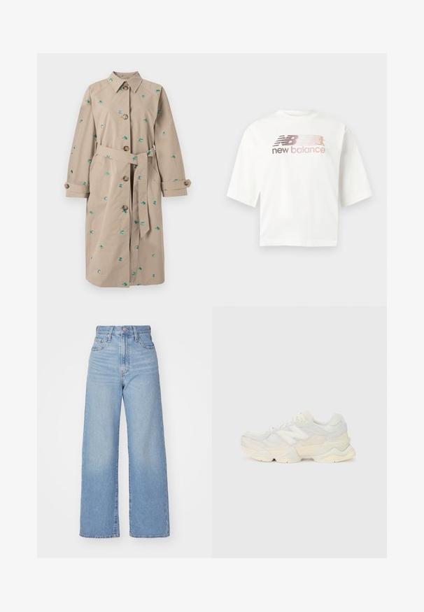Beige trenchcoat met groene bloemenborduursels, knoopsluiting, riemstrik en opgerolde manchetten. Lichtgewicht stof, knielang ontwerp.; Wit T-shirt met korte mouwen van katoen, met een kleurverlooplogo in roze en grijs en de tekst "new balance" onder het logo.; Lichtblauwe high-waist wijde jeans met een knoop- en ritssluiting aan de voorkant, voor- en achterzakken, op een witte achtergrond.; Lichte sneaker met een bovenwerk van mesh en suede in zachte crèmekleuren, met een chunky zool en driedimensionale accenten.