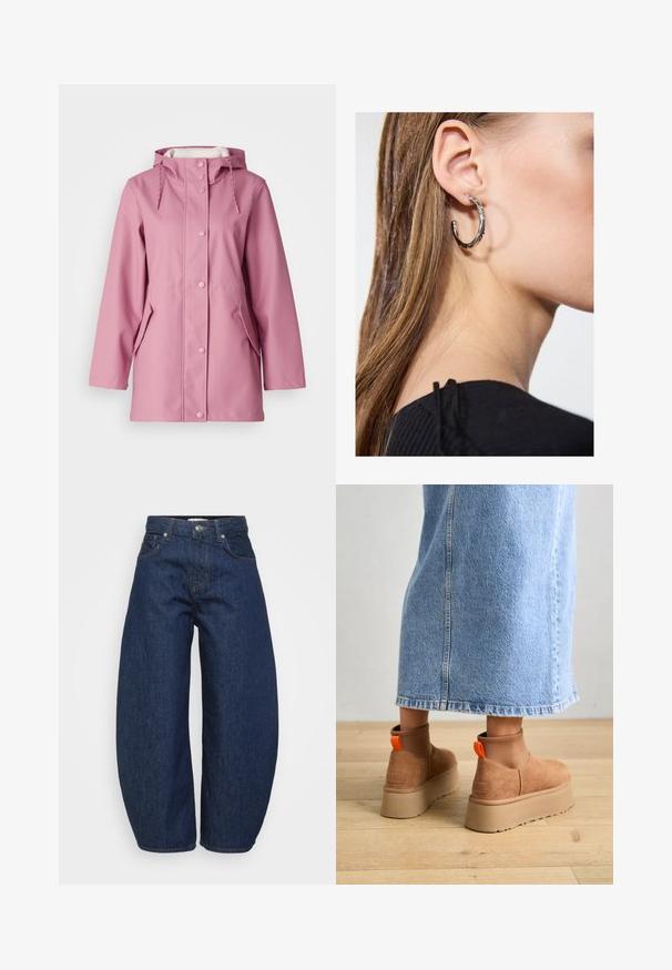 Roza nepremočljiva dežna jakna s kapuco, zapiranje na gumb, dvojna stranska žepa in vrvica pri vratu. Gladka tekstura.; Even&Odd Petite 2 PACK - Top - light grey/black; Temno modre jeans hlače iz jeansa z širokim, sproščenim krojem. Imajo zadrgo, štiri žepe in kontrastne šive ob šivih.; Rjave suede platform čizme z elastičnimi stranskimi paneli in oranžnimi zankami, v kombinaciji s svetlobno denim krilom do kolen na lesenem tleh.; Srebrna obročasta uhana s polirano površino, ki vključuje majhne zlate poudarke in okroglo obliko, nošena na ušesnem lobu.