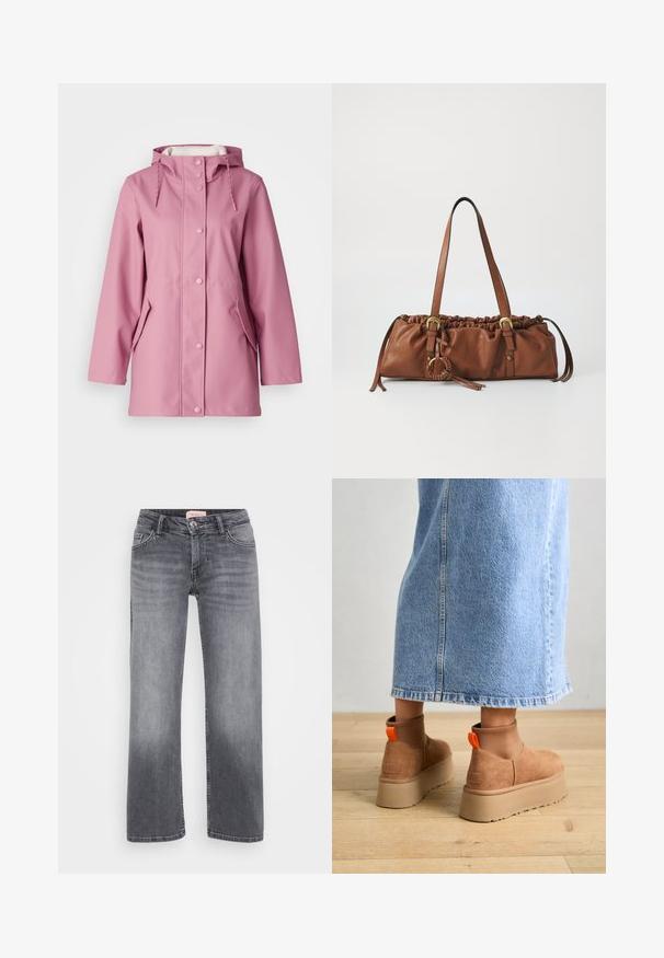 Rózsaszín vízálló esőkabát kapucnival, patentos záródással, két oldalsó zsebbel és húzózsinórral a nyaknál. Sima tapintású.; Even&Odd Petite 2 PACK - Felső - light grey/black; Szürke farmernadrág egyenes szárú dizájnnal, öt zsebes stílussal, enyhe kopással, és gombos derékzárral.; Barna velúr platform csizmák elasztikus oldalsó panelekkel és narancssárga húzófülekkel, amelyek egy térdközépig érő világoskék farmer szoknyával vannak párosítva egy fás padlón.; Barna bőr kézi táska, összegyűrt tetejével, állítható pántokkal és fémszíjjakkal. Oldalán egy kerek, fonott részlettel rendelkezik.; Ez egy ezüst fülbevaló, sima felülettel, amelyen apró arany díszítőelemek találhatók. Kerek formájú és a fülcimpán viselik.