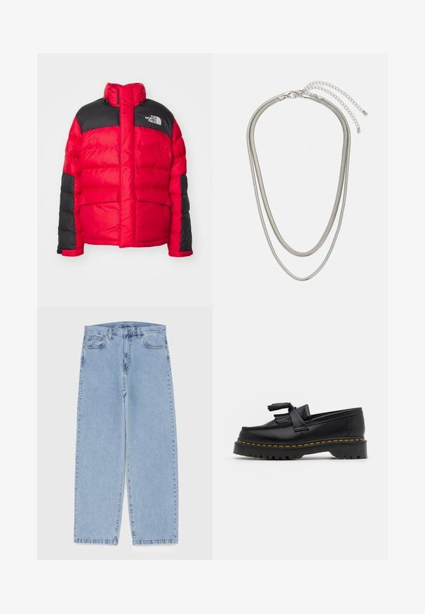 Černá a červená bunda s kapucí, vysokým límcem, předními kapsami a logem "The North Face" na hrudi.; Pět triček s dlouhým rukávem v řadě: tyrkysová, černá, bílá, tmavě šedá a námořnická modř. Měkká látka s designem kulatého výstřihu a standardním střihem.; Světle modré džíny s rovnými nohavicemi, středním pasem, pěti kapsami a zapínáním na knoflík a zip.; Černé kožené mokasíny s třásněmi, se silnou černou podrážkou a žlutým prošíváním podél okraje. Texturovaný povrch.; Vícevrstvý stříbrný kovový náhrdelník s elegantními, flexibilními řetízky s jemným leskem, zabezpečený karabinkou a nastavitelným řetízkem.
