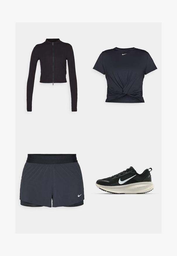 Czarna krótsza kurtka z długimi rękawami, z kołnierzem stójkowym i zapięciem na suwak z przodu. Wykonana z gładkiego, elastycznego materiału.; Czarna sportowa koszulka z gładkiego materiału, z wiązanym przodem i małym białym logo Nike na piersi.; Czarne szorty sportowe z elastycznym pasem, o warstwowej konstrukcji i małym białym logo Nike na dolnym lewym boku. Wykonane z lekkiego materiału.; Czarna biegowa półbut z oddychającej siateczki, białym logo swoosh, teksturowanymi detalami oraz kremową podeszwą środkową ZoomX.