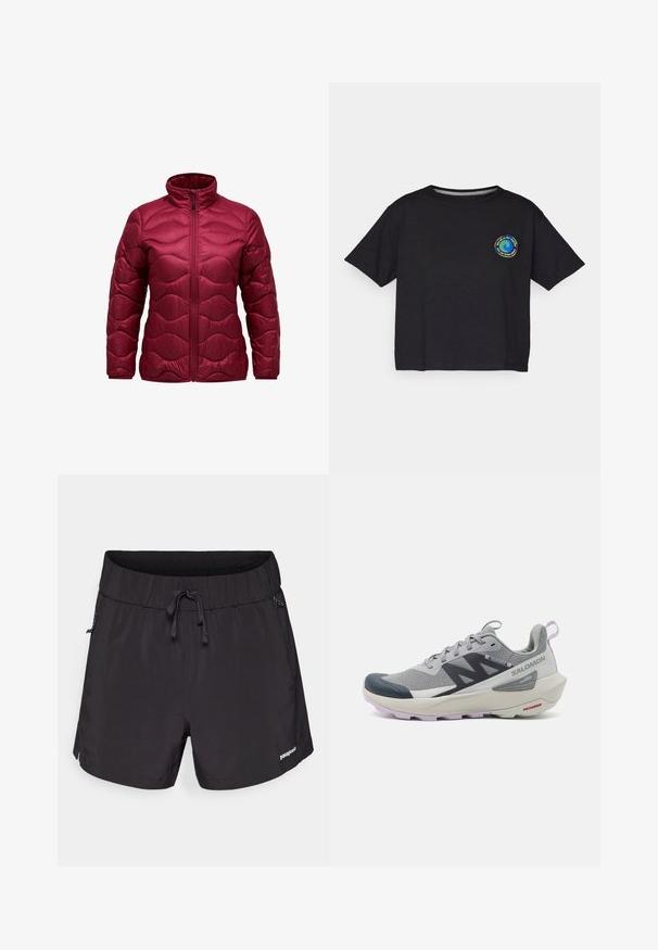 Veste matelassée bordeaux avec un col haut, fermeture éclair sur le devant et un design en vagues piquées. Fabriquée en matériau léger et brillant.; T-shirt noir en coton à manches courtes avec un logo circulaire multicolore sur la poitrine. Ourlet droit et coupe décontractée.; Shorts de bain noirs en tissu léger, dotés d'une taille élastique, d'un cordon de serrage et de poches latérales pour plus de fonctionnalité.; La chaussure de course Salomon en gris et bleu marine présente un dessus en maille respirante, un embout en caoutchouc et une semelle texturée avec des accents lavande.