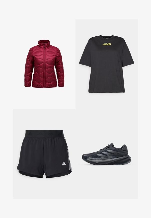Padded jacket in burgundy with a high collar, front zipper, and a quilted wave design. Made of shiny, lightweight material.; Black short-sleeve T-shirt made of soft cotton, featuring a loose fit, round neckline, and a yellow logo on the chest.; Black athletic shorts with an elastic waistband, featuring a textured band, side stripes, and a white Adidas logo on the lower hem.; Black athletic shoe with a textured mesh upper, reflective accents, cushioned sole, and a streamlined design. Features three stripe logo.