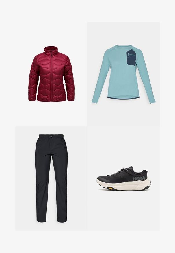 Gewatteerde jas in bordeaux met een hoge kraag, ritssluiting aan de voorkant en een geborduurd golfpatroon. Gemaakt van glanzend, lichtgewicht materiaal.; Langsleeve shirt van lichtblauwe textuurstof. Beschikt over een marineblauwe pocket met branding. Ronde halslijn en ontwerp met afgeronde zoom.; Zwarte, lichte, waterdichte broek met elastische tailleband en twee zijzakken; gladde textuur; recht model.; Zwarte sportschoenen met een ademend bovenwerk van mesh, rubberen buitenzool, witte dempende tussenzool en reflecterende veters. Vibram-logo op de buitenzool.