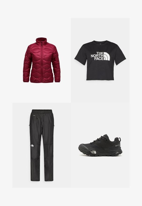 Gewatteerde jas in bordeaux met een hoge kraag, ritssluiting aan de voorkant en een geborduurd golfpatroon. Gemaakt van glanzend, lichtgewicht materiaal.; Zwarte cropped t-shirt gemaakt van katoen, met een wit logo met gebogen accenten en de tekst "THE NORTH FACE" op de voorkant. Korte mouwen, ronde hals.; Zwarte waterdichte broek van lichtgewicht stof, uitgerust met een elastische tailleband, zijzakken en een logo op het linkerpijp.; Zwarte wandelschoen met een gestructureerde bovenkant, vetersluiting en een stevige rubberen zool met een opvallend logo aan de zijkant en profielpatronen.