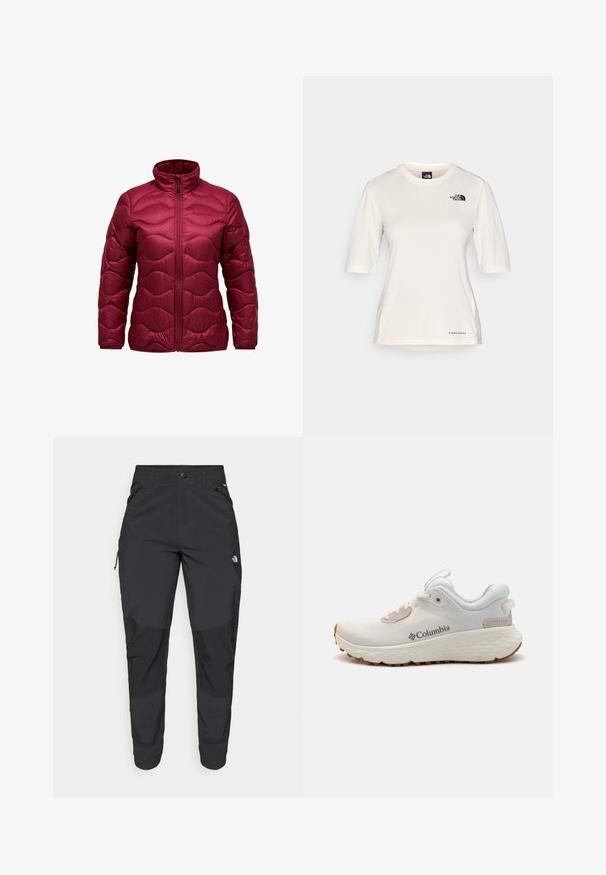 Puchowa kurtka w burgundowym kolorze z wysokim kołnierzem, przednim zamkiem błyskawicznym i pikowanym wzorem w fale. Wykonana z błyszczącego, lekkiego materiału.; The North Face - Koszulka sportowa; Czarne spodnie outdoorowe wykonane z trwałego materiału. Posiadają kieszenie zapinane na zamek, wzmocnione panele na kolanach oraz prosty krój zapewniający swobodę ruchów.; Lekkie sportowe buty Columbia w białej siateczce z teksturowaną szaro-skalną podeszwą i gumowym bieżnikiem. Posiadają wyściełany kołnierz oraz klasyczny sznurowany design.