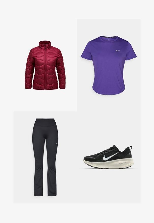 Burgundia värvi polsterdatud jakk, millel on kõrge krae, esine tõmblukk ja tikitud lainekujundus. Valmistatud läikivast, kergest materjalist.; Lilla sportline t-särk, mis on valmistatud niiskust imavast kangast, lühikeste varrukatega ja ümarate kraega. Rinnal väike valge logo.; Mustad spordipüksid kõrge vöökohaga, valmistatud siledast ja venivast kangast. Vasakul reiel on väike valge Nike logo.; Musthave mustus Nike jooksujalats, millel on hingav võrgust ülemine osa, valge swoosh logo, tekstuuriga detailid ja kreemja värvusega ZoomX vahevöö.