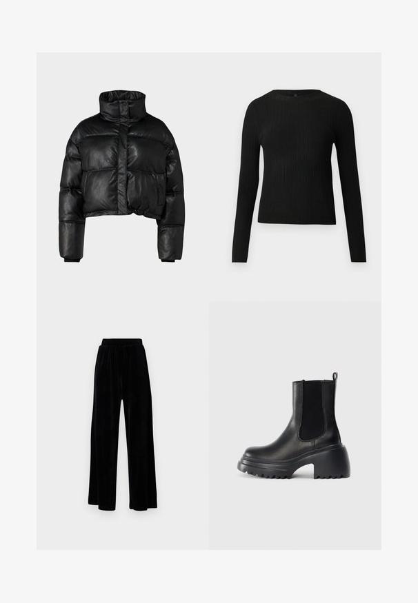 Juodas trumpas pūkinis švarkas, pagamintas iš blizgios sintetinių medžiagų, su aukštu apykakle, mygtukų uždarymu ir išilgai raštuotais rankogaliais.; Juoda dryžuota ilga rankovė prigludusi megztinis su apvalia iškirpte, pateiktas prieš paprastą šviesią fono.; Juoda plataus kirpimo kelnių pora, pagaminta iš minkštos velveto medžiagos, su elastingu juosmeniu ir glotnia tekstūra, be matomų detalių ar raštų.; Juodi odiniai auliniai batai iki kulkšnies su elastinėmis šoninėmis juostelėmis, storu, masyviu padu ir tekstūruota guminėmis detalėmis ant pado. Minimalistinis dizainas.