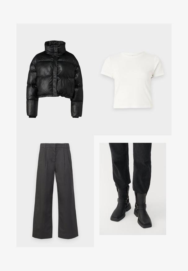 Black cropped puffer jacket made of glossy synthetic material, featuring a high collar, button front, and ribbed cuffs.; Short white t-shirt made of cotton with short sleeves, a round neckline, and a straight hem, featuring a smooth texture and minimal design.; Wide-leg trousers in black fabric, featuring a high waist, front creases, and subtle pockets. Smooth texture with a clean finish.; Black leather ankle boots with a square toe, featuring a wide strap and metal buckle detail. The boots have a chunky sole and smooth texture.