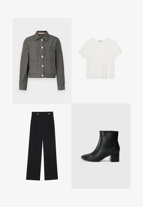 Stripete denimjakke i svart og hvitt med gullfargede knappelukkinger, fire frontlommer og kragehals. Skreddersydd passform, kort lengde.; Hvit T-skjorte med kort erm laget av myk bomull. Har rund hals og avslappet passform. Rent design uten synlige mønstre eller aksenter.; Svart vide bukser med høy midje, knappdetaljer på midjebåndet og frontplisser.; Sorte skinn ankelsko med spiss tå og chunky hæl. Glatt tekstur med minimale detaljer og et elegant, tettsittende design.