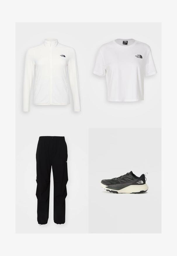 Casaco de fleece branco com gola alta, fecho éclair na frente e dois bolsos laterais. Possui um logótipo preto na área do peito esquerdo. Textura suave.; T-shirt cropped branca feita de algodão com gola redonda e mangas curtas. Apresenta um logótipo preto no lado esquerdo do peito.; Calças exteriores pretas feitas de material durável, com um ajuste relaxado, cintura elástica e punhos ajustáveis para comprimento personalizável.; Shoe atlético preto com um cabedal texturizado, apresentando detalhes em cinza e uma entressola branca. Inclui uma alça e um logótipo da marca em destaque no calcanhar.