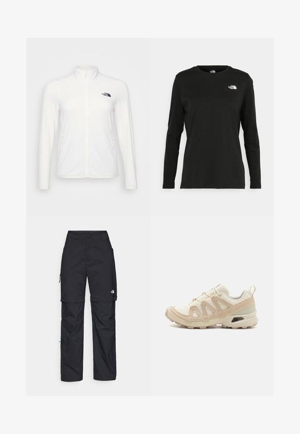Bela flis jakna z visokim ovratnikom, zadrgo spredaj in dvema stranskima žepoma. Ima črn logotip na levem predelu prsnega koša. Gladka tekstura.; Črna majica z dolgimi rokavi iz bombaža z okroglo izrezom. Ima majhen bel logotip na levem prsnem delu. Enostaven dizajn in prileganje.; Črne najlon hlače z zipom, ki se lahko odstranijo, s prilagodljivimi manšetami, več žepi in logotipom na desni nogi. Gladka, lahka tekstura.; Bež in krem športni čevlji z teksturiranim mrežastim zgornjim delom, podpornimi prekrivali in gumijastim podplatom z vzorcem za oprijem.