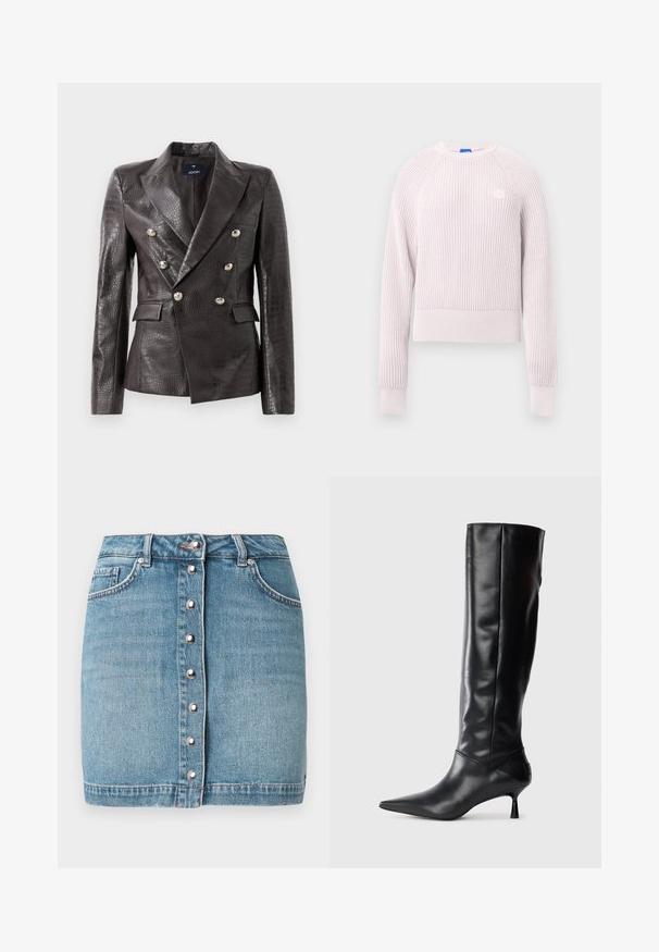 Tamno smeđa kožna blazer jakna s krokodil uzorkom, dvostruko dugmadi dizajn, srebrni gumbi i dualne prednje džepove.; Svijetloružičasti kratki džemper s rebrastom teksturom, okruglim izrezom i dugim rukavima. Na prsima ima mali logo.; Svijetloplava mini suknja od trapera s prednjim zatvaračem na gumbe sa srebrnom opremom, dvjema prednjim džepovima i obrubljenim rubom.; Crna kožna čizma do koljena s oštrim vrhom i uskim zakrivljenim petama. Glatka tekstura, prilagođeni dizajn i bez vidljivih dodataka ili uzoraka.