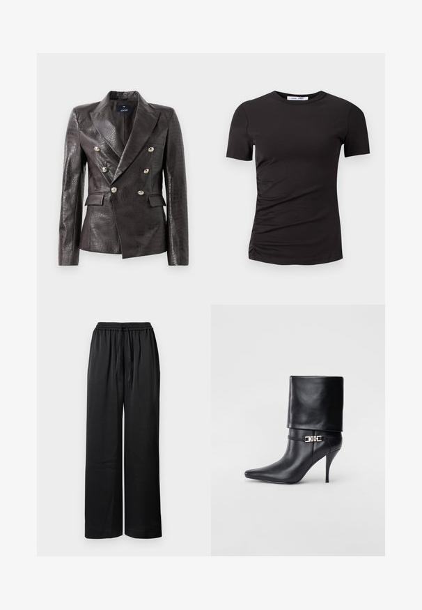 Tmavohnedý kožený blejzer s krokodílovou textúrou, dvojradové zapínanie, strieborné gombíky a dvojité predné vrecká.; Čierne tričko s krátkym rukávom vyrobené z mäkkej tkaniny, s okrúhlym výstrihom a zhromaždenými detailmi na ľavej strane pre jemnú textúru.; Čierne široké nohavice s elastickým pásom, sťahovacou šnúrkou a hladkou textúrou. Majú voľný strih pre pohodlie a pohyblivosť.; Čierna kožená členková topánka s špicatou špičkou, vysokým ihlovým podpätkom, prehnutým manžetom a zlatým dekoratívnym sponou na členku.
