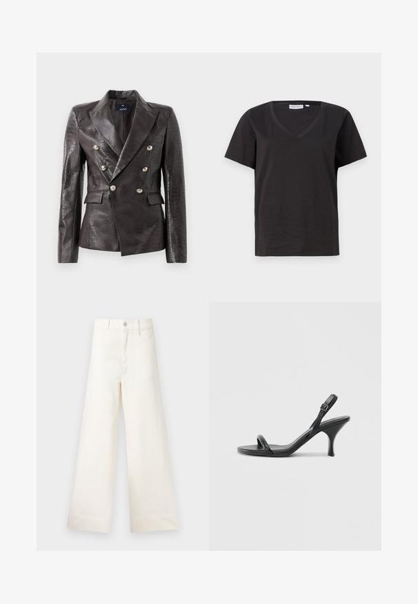 Sacou din piele maro închis cu textură de crocodil, design cu două rânduri de butoane, butoane argintii și două buzunare frontale.; Tricou negru din bumbac cu decolteu în V și mâneci scurte. Design simplu, cu o croială normală și fără modele sau accente.; Pantaloni cu croi larg din bumbac bej deschis. Prezintă talie înaltă, buzunare frontale și croi drept. Terminare netedă a tivului, fără modele.; Sandale cu toc înalt din piele neagră, cu un toc subțire și curbat și un design cu curea încrucișată. Curea la gleznă ajustabilă. Textură netedă.