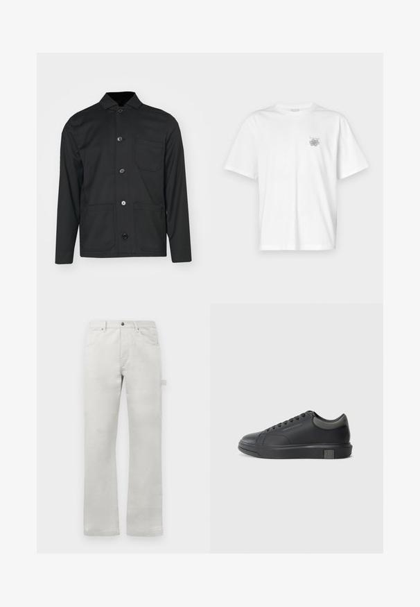 Filippa K LOUIS JACKET - Skraistė - black; Balta medvilninė marškinėlių, su trumpomis rankovėmis, apykaklė nei per aukšta, nei per žema, ir mažas pilkas logotipas kairėje krūtinės pusėje. Lygi tekstūra.; Šviesiai pilkos tiesios pritaikymo kelnės, pagamintos iš lygaus medvilninio audinio, su priekinėmis kišenėmis ir šonine cargo kišene.; Juodos odinės sportinės bateliai su lygiu paviršiumi, apvaliu nose ir tamsiai pilkais akcentais. Turi raištelių dizainą ir tekstūruotą gumos padas.