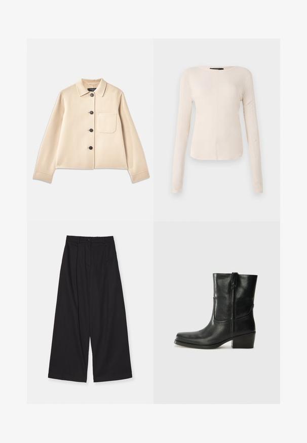 Giacca in misto lana beige con collo, sei bottoni neri e taschino sul petto. Presenta maniche lunghe e un design accorciato.; Maglietta a maniche lunghe di colore beige chiaro con scollatura rotonda. Realizzata in tessuto morbido, presenta una cucitura centrale e un orlo leggermente curvato. Senza hardware visibile.; Pantaloni neri a gamba larga realizzati in un tessuto liscio, con vita alta, pieghe frontali, chiusura con bottone e silhouette dritta.; Stivale ankle in pelle nera con punta arrotondata, tacco a blocco, cerniera laterale e dettagli in cucitura sulla tomaia. Texture liscia, design classico.