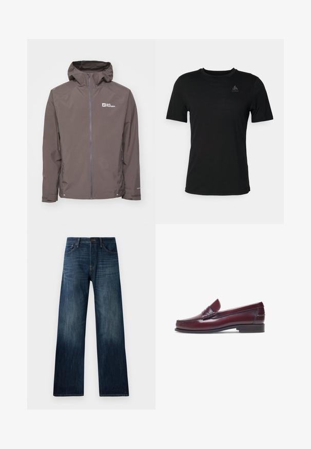 Braune wasserdichte Jacke mit Kapuze, Reißverschluss und Seitentaschen. Verfügt über ein strukturiertes Gewebe und ein Logo auf der linken Brustseite.; Schwarzes T-Shirt aus leichtem Material, mit rundem Halsausschnitt, kurzen Ärmeln und einem kleinen Markenlogo auf der oberen linken Seite.; Dunkelblaue Jeans aus Denim mit geradem Bein, ausgestattet mit einer leichten Textur, Gürtelschlaufen und einem klassischen Fünf-Taschen-Stil.; Burgunderfarbene Lederloafer mit abgerundeter Zehenform, gestickten Details und einem kleinen dekorativen Akzent auf dem Blatt. Flache, kontrastierende Sohle.