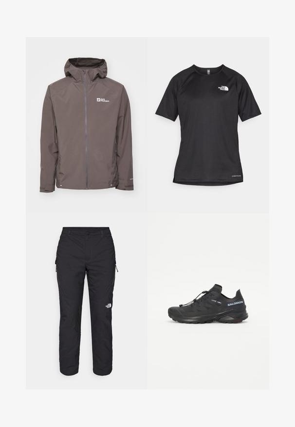Ruskea vedenpitävä takki hupulla, vetoketjukiinnityksellä ja sivutaskuilla. Takissa on teksturoitu kangas ja logo vasemmassa rintalastassa.; Mustat lyhythihaiset urheilupaidat, joissa on teksturoitu kangas, valkoisella logolla vasemmassa rinnassa ja suora helma.; The North Face WINTER EXPLORATION TAPERED CARGO - Ulkohousut - black; Musta maastohiihtokenkä tekstuuripinnalla, joustavilla nauhoilla ja Contagrip-pohjalla. Ominaisuuksiin kuuluu tiukka istuvuus ja suojaava varvaskuppi.