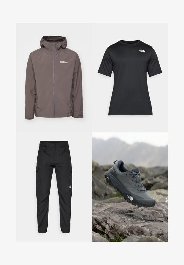 Brown waterproof jacket with a hood, zip closure, and side pockets. Features textured fabric and a logo on the left chest area.; Black short-sleeve t-shirt made of lightweight, moisture-wicking fabric. Features a white logo on the left chest and a crew neckline.; The North Face HORIZON PANT - Outdoor trousers - black; Grey trail running shoe with a textured upper, durable rubber sole, and reinforced toe cap. Features laces and brand logo on the side.