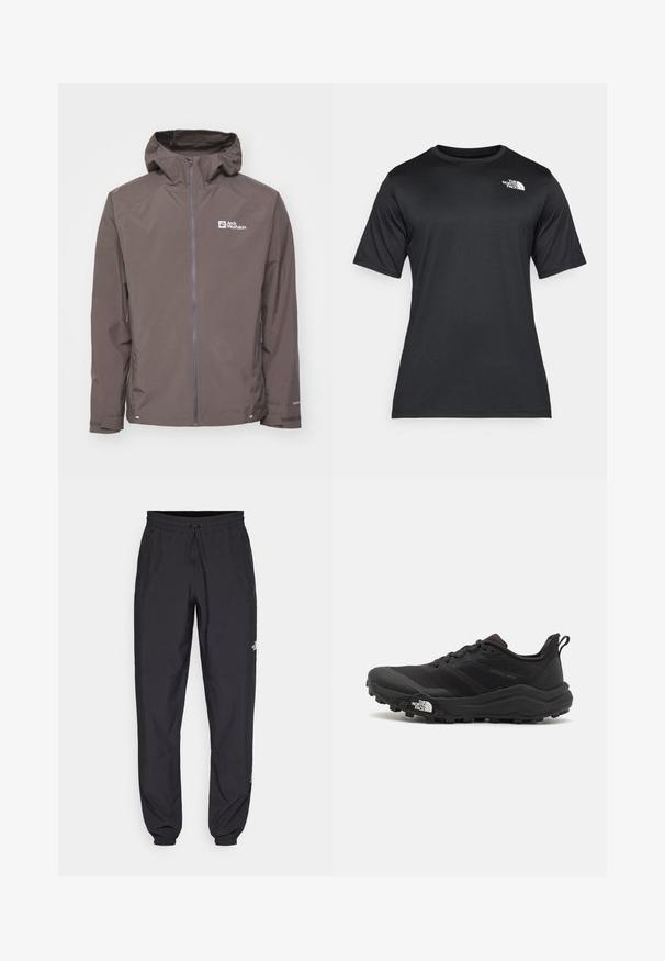 Brown waterproof jacket with a hood, zip closure, and side pockets. Features textured fabric and a logo on the left chest area.; Black short-sleeve t-shirt made of lightweight, moisture-wicking fabric. Features a white logo on the left chest and a crew neckline.; Black athletic pants made from lightweight fabric, featuring a drawstring waistband, side pockets, and tapered cuffs at the ankles.; Black trail running shoe with a textured upper, rubber sole, and reinforced toe cap. Features a padded collar and pull tab for easy wear.