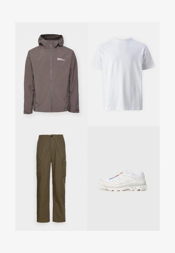 Braune wasserdichte Jacke mit Kapuze, Reißverschluss und Seitentaschen. Verfügt über ein strukturiertes Gewebe und ein Logo auf der linken Brustseite.; Weißes T-Shirt mit kurzen Ärmeln aus Baumwolle, mit Rundhalsausschnitt und glatter Textur, gerader Schnitt und ohne Muster.; Cargo-Hosen in olivgrün, aus strapazierfähigem Stoff. Verfügt über zwei Seitentaschen, eine normale Taille und ein gerades Bein.; Weiße Sportlich-Schuh mit strukturiertem Mesh-Obermaterial, reflektierenden Akzenten und einer gepolsterten Sohle. Auffälliges Markenlogo an der Seite.