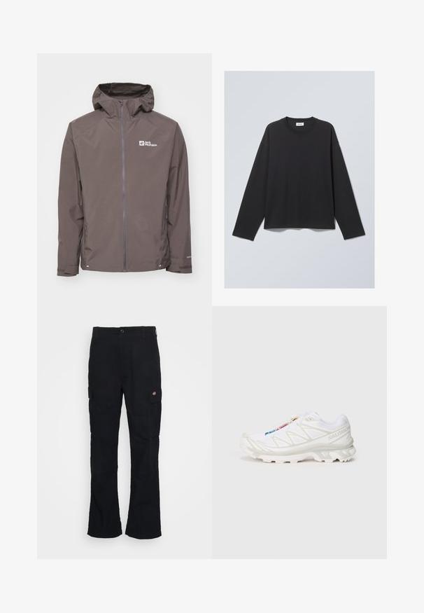 Brūna ūdensnecaurlaidīga jaka ar kapuci, ar rāvējslēdzēju un sānu kabatām. Izceļas ar teksturētu audumu un logo kreisajā krūtīs.; Melns garām piedurknēm T-krekls, kas izgatavots no mīkstas auduma. Iezīmes - apaļa apkakle un brīva piegriezuma. Šuves uz pleciem, minimālisma dizains.; Melni cargo bikses ar taisnu kāju dizainu, izgatavotas no izturīga auduma, ar sānu kabatām un plāksteri ar logotipu pa kreisi.; Balti sporta apavi ar teksturētu sietu augšdaļu, atstarojošiem akcentiem un mīkstu zoli. Izteikts zīmola logotips sānos.
