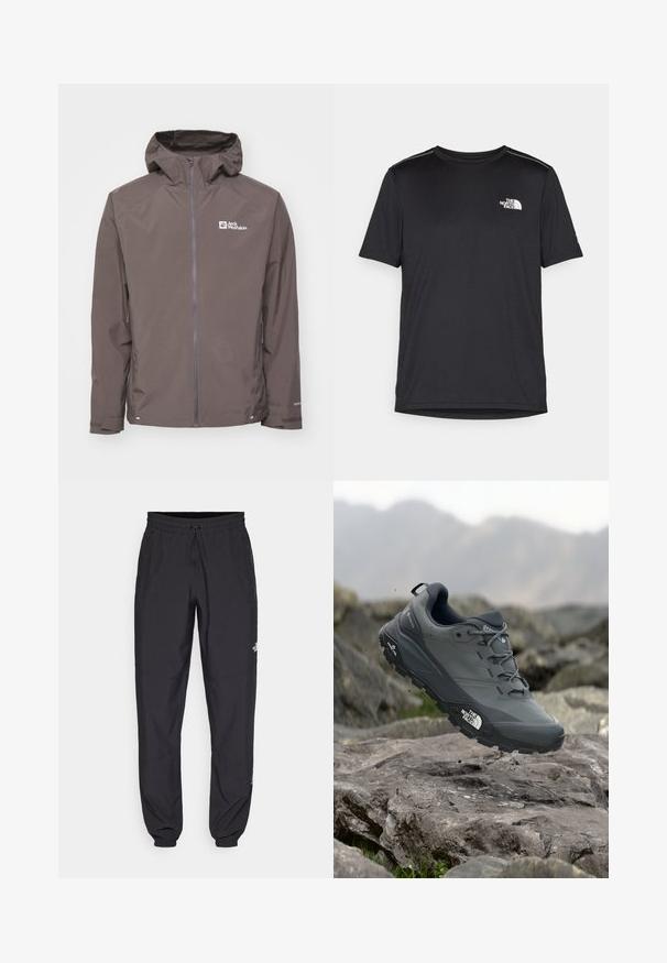 Smeđi vodootporni kaput s kapuljačom, zatvaranjem na patentni zatvarač i bočnim džepovima. Ima teksturiranu tkaninu i logo na lijevoj strani prsnog područja.; Crna majica kratkih rukava izrađena od lagane tkanine. Ima mali bijeli logo na lijevoj strani grudi i suptilne naglaske na ramenima.; Crne sportske hlače od lagane tkanine, s pojasom na vezanje, bočnim džepovima i suženim manžetama na gležnjevima.; Sive trail trkačka cipela s teksturiranim gornjim dijelom, izdržljivom gumenom potplatom i ojačanim vrhom. Ima vezice i logotip branda sa strane.