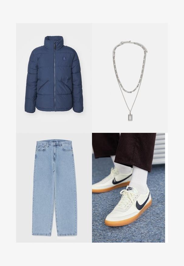 Marineblå puffjakke med høy krage, dobbel glidelås, frontlommer og en liten logo på brystet. Har et quiltet design.; Svart langermet T-skjorte laget av bomull, med rund hals og rett snitt, med en liten logo detalj på ermene.; Lyseblå denimjeans med rett ben-design, med mid-rise liv, fem lommer og knap og lynlås lukning.; Nike-sneakers i hvitt lær med en marineblå swoosh, med en såle av gummigummi og hvite snører, parret med hvite sokker og mørke corduroybukser.; Sølvkjede med to lagdelte kjeder; har et rektangulært anheng med en jevn overflate, som viser en polert metallfinish.
