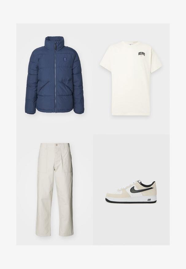 Tamsiai mėlynas pūkinis švarkas su aukštu apykakle, dviguba užtrauktuku, priekinėmis kišenėmis ir mažai logotipu ant krūtinės. Yra užpildytas siuvinėjimu.; Kremo spalvos medvilninis marškinėlis trumpomis rankovėmis, su "NIKE SB" juodu ir raudonu tekstu ant krūtinės. Standartinė apvali iškirptė.; Šviesiai pilki plačius kelnes, pagamintas iš medvilnės. Yra priekinės kišenės ir mygtuko uždarymas. Lygus paviršius su subtiliomis vertikaliomis linijomis.; Batai sportui su šviesiai rudos suku ir baltos odos viršutinė dalimi, juodom Nike swoosh detalėm, juodais akcentais ir balta gumine padanga su "AIR" ženklu.