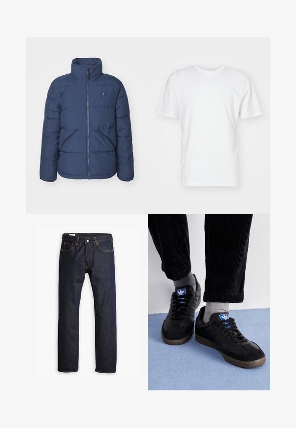 Námorně modrá péřová bunda s vysokým límcem, dvojitým zipem, předními kapsami a malým logem na prsou. Obsahuje prošívaný design.; Bílý bavlněný tričko s krátkým rukávem, kulatým výstřihem a hladkým povrchem. Jednoduchý design bez vzorů nebo grafik.; Tmavě modré džíny z denimu s rovnými nohavicemi, oranžovým prošíváním a stylingem s pěti kapsami s kovovým zapínáním.; Černé tenisky z semišového a koženého materiálu, s modrým logem a hnědou gumovou podrážkou. Spárováno se šedými ponožkami a manšestrovými kalhotami.